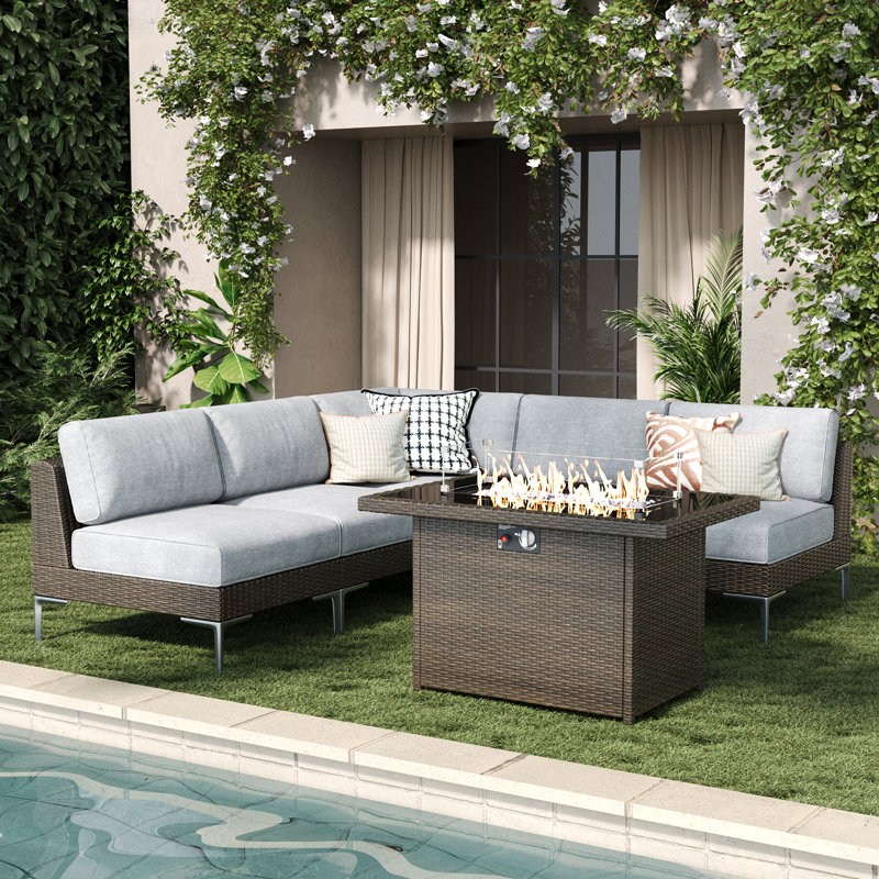 Layinsun 6-Piece Outdoor Modular Wicker Sectional Sofa With Fire Pit Table, Patio Furniture Conversation Set With Deep Seating And Thick Cushions