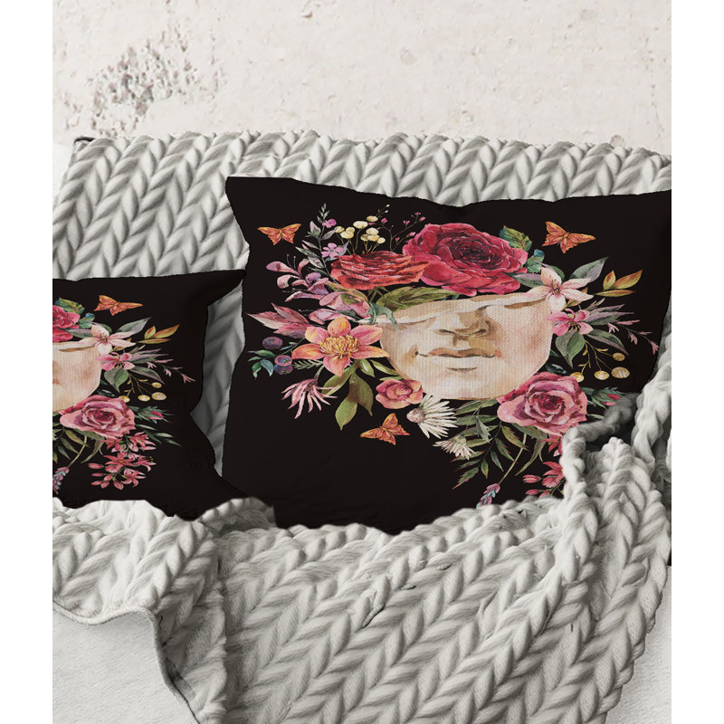 Carré, sculpture grecque rétro avec des fleurs séchées - coussin décoratif traditionnel, 18" x 18"