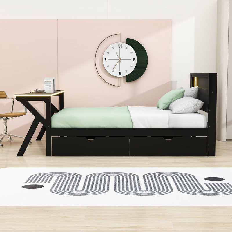 Two Drawers Wooden Platform Bed with Desk, LED Light and USB Ports, Full
