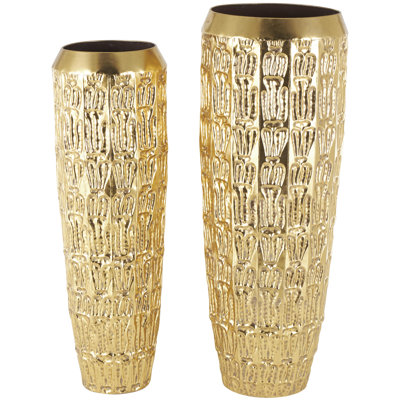 Braseby Metal Tall Decorative Gold Vase with Grooved Patterns Set