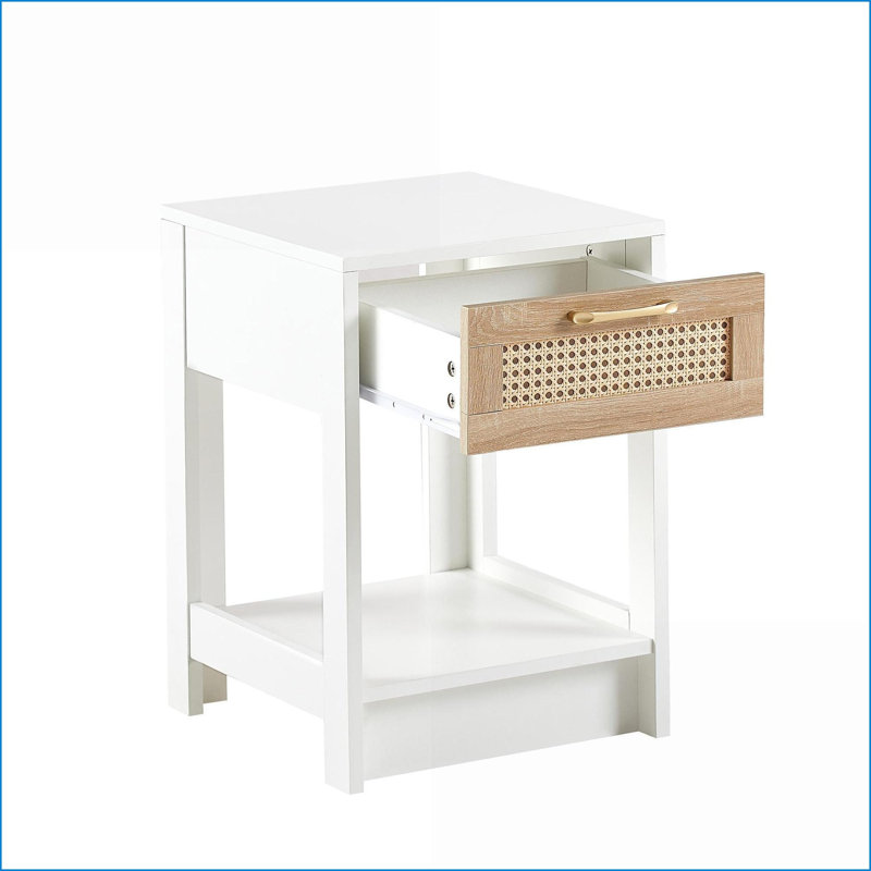 Table basse en rotin blanc avec tiroir pour salon / chambre à coucher, table d'appoint peu encombrante avec capacité de charge de 120 lb