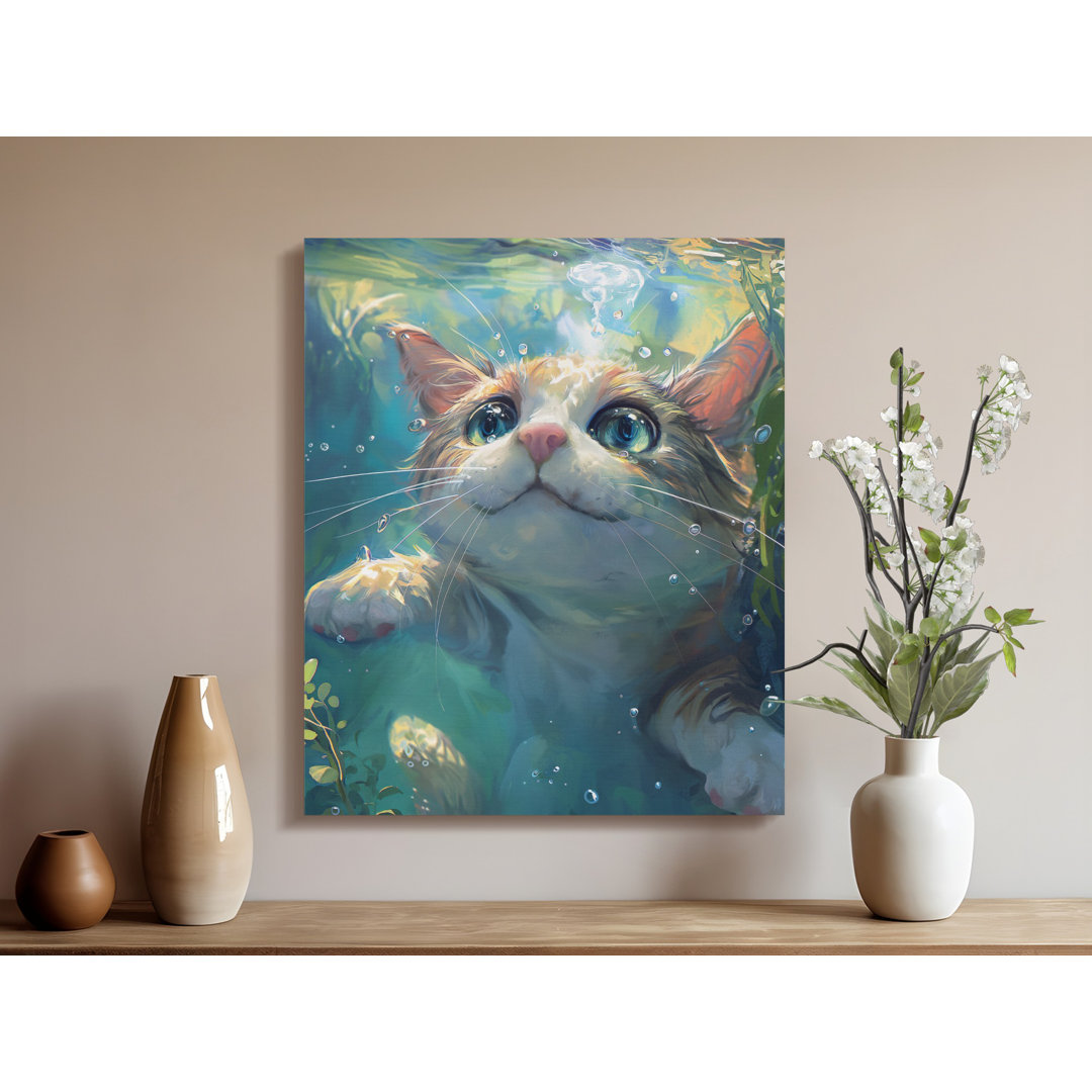 Cute Cat Underwater Canvas Wall Art, Adorable Kitten Gallery Wrapped Print, Ready to Hang Modern Nursery Decor, Archival Quality Statement