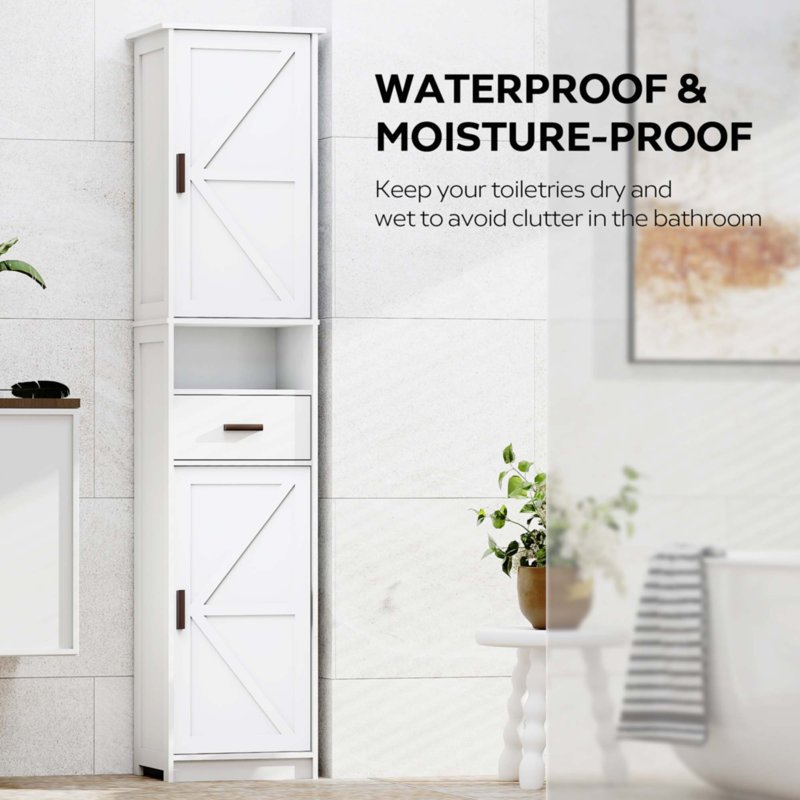 69" H Tall Bathroom Storage Cabinet With 2 Barn Doors And 1 Drawer, White