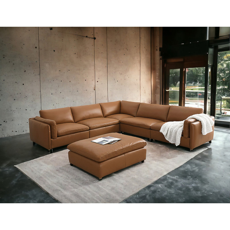 Canapé modulaire en cuir grainé 6 pièces avec 1 repose-pieds Brighton