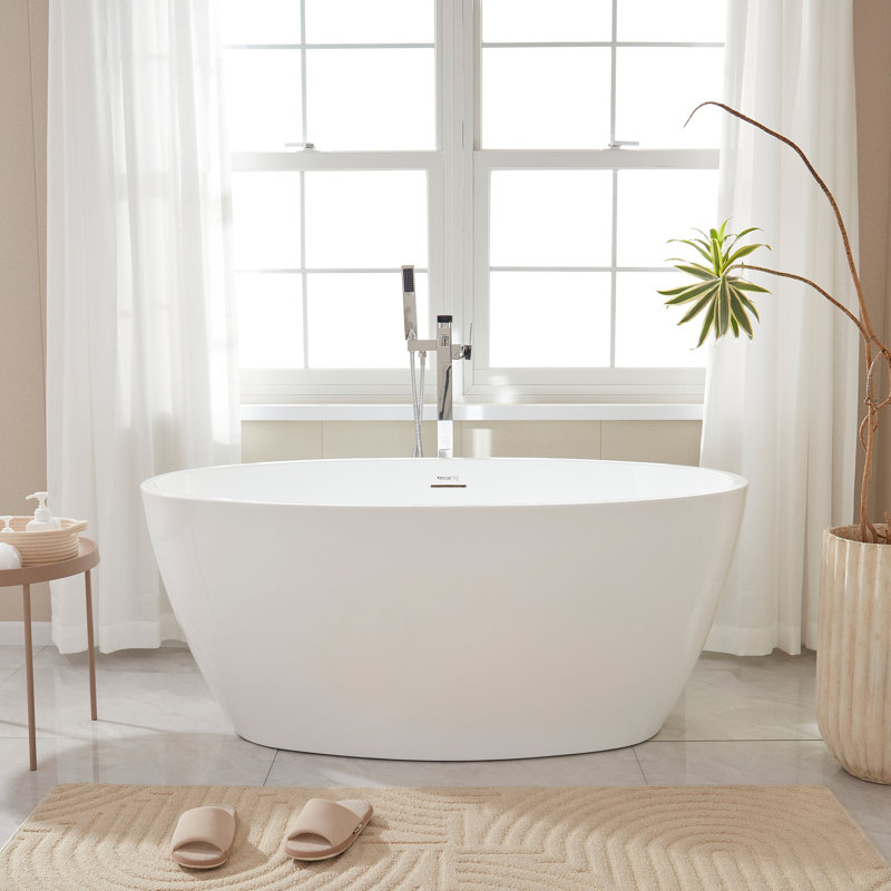 Freestanding Soaking Acrylic Bathtub, White/Integrated Overflow, 22.8" H x 31.9" W x 55.1" L