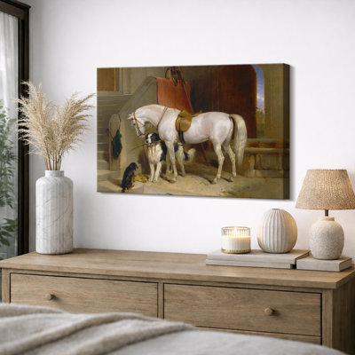 White Horse and Dogs Artwork, Rustic Entryway Pictures, Framed Canvas Giclee Print Wall Art.