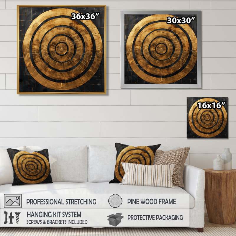 Or noir, sphère abstraite symétrie II - reproduction d'art abstraite, H 16 po x l 16 po, Cadre flottant noir