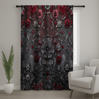 Rideaux rouges à motif floral, voilages et rideaux à motif floral - 1 panneau