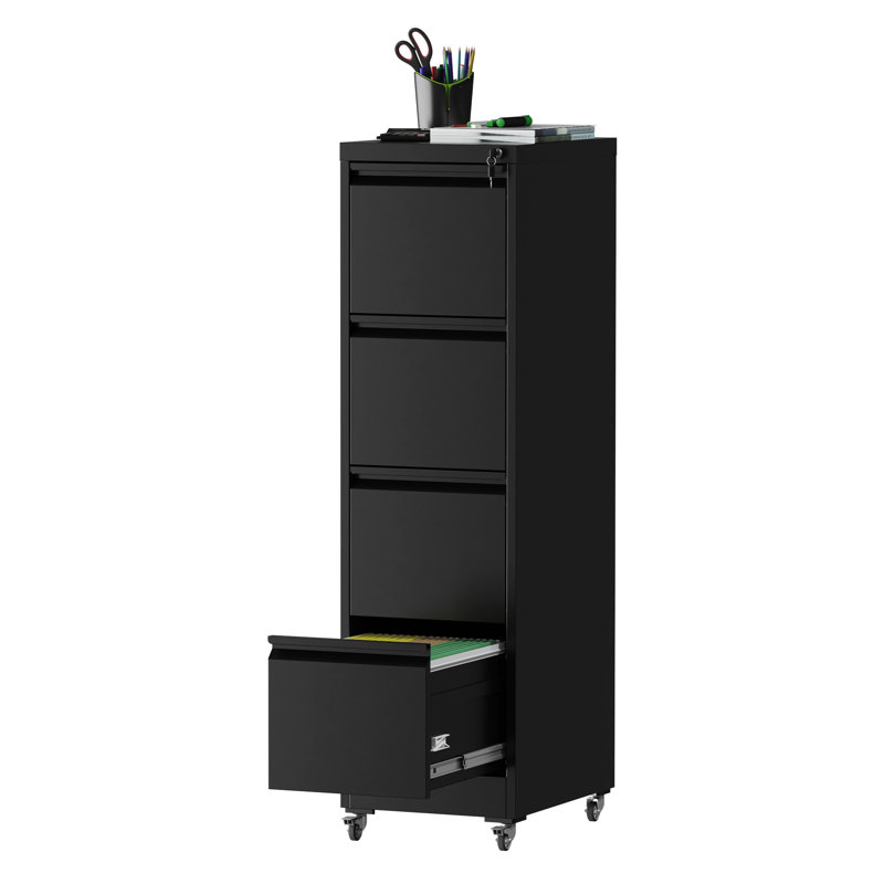 4 Drawer Metal Locking Vertical File Cabinet On Wheels - Adjustable Bar For Legal & Letter Files, Secure Storage Valuables Modern Valuables, Low Maintenance, Suitable Home Office
