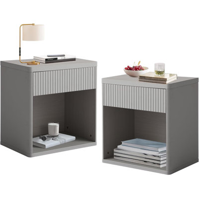 Fluted Nightstand With Drawer, 23" Modern Bedside Table With Open Cubby And Rounded Corner, Wide Mid Century Wood End Table Night Stand For Bedroom Living Room Sofa Office, Gray (2)