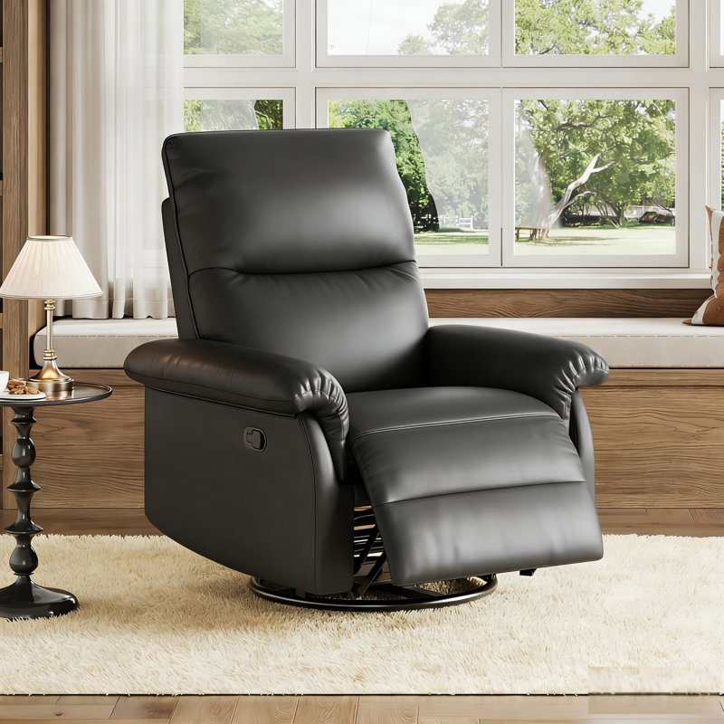 Swivel Rocker Recliner Chair, Manual Nursery Glider with PU Leather and Supportive Backrest for Living Room