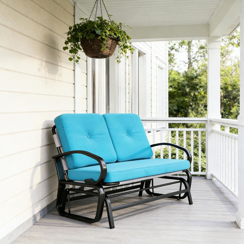 Banc de patio bleu avec filet respirant, structure et coussins en acier, idéal pour la détente en plein air, l 47,25 po x P 29,5 po x H 32,25 po, pour 2 personnes