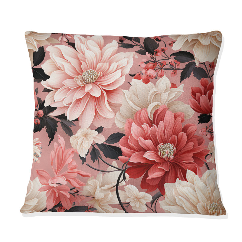 Coussin rose et blanc «Blossoming Grace» - imprimé floral, H 18 po x l 18 po