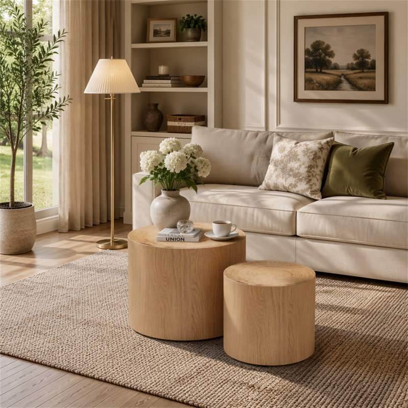 Ensemble de 2 tables basses gigognes, H 14,96 po x l 18,9 po x P 18,9 po, Bois naturel