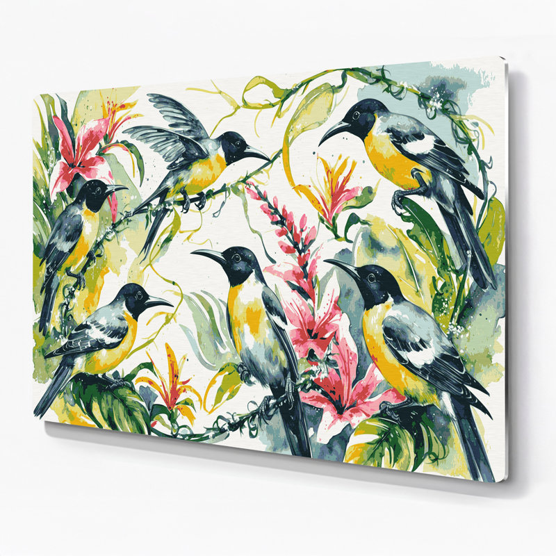 Oiseaux, art mural beige en métal, H 12 po x l 18 po