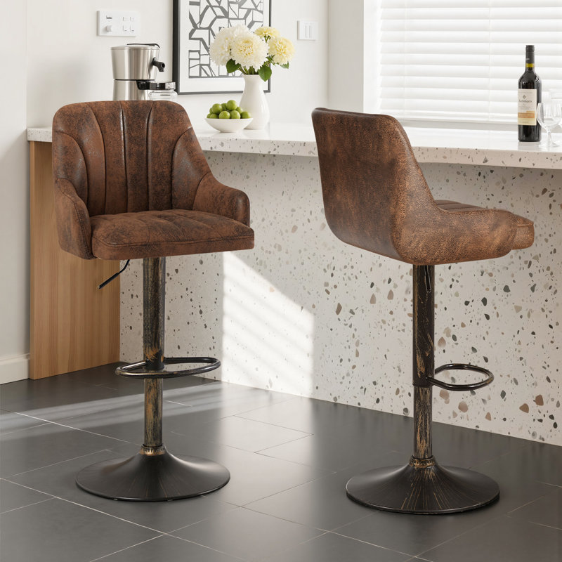 Ensemble de 2 tabourets de bar George, tabourets de bar pivotants réglables, chaises de bar en similicuir, tabouret à hauteur de comptoir rembourrée avec dossier haut pour îlot de cuisine, brun