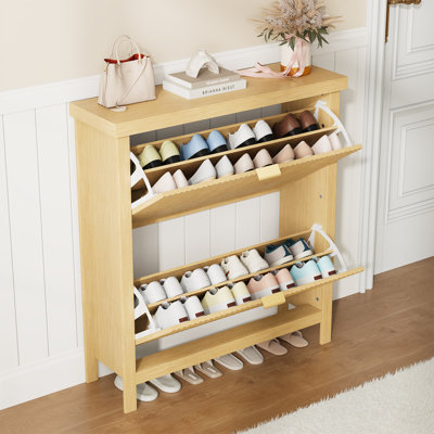 31.5×9.5×35.9in Natural Oak Fluted Narrow Shoe Cabinet, 2 Flip Hidden Drawers with Divider, Raised Base & Gold Handles, Slim Storage for Entryway Bedroom