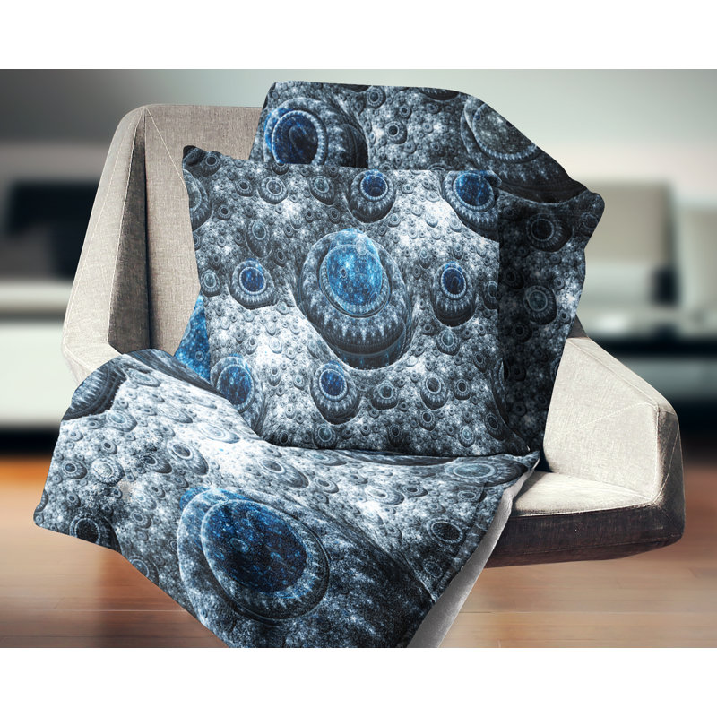 Planète exotique Fractal - coussin imprimé abstrait, 18 po x 18 po, Bleu, Coussin décoratif