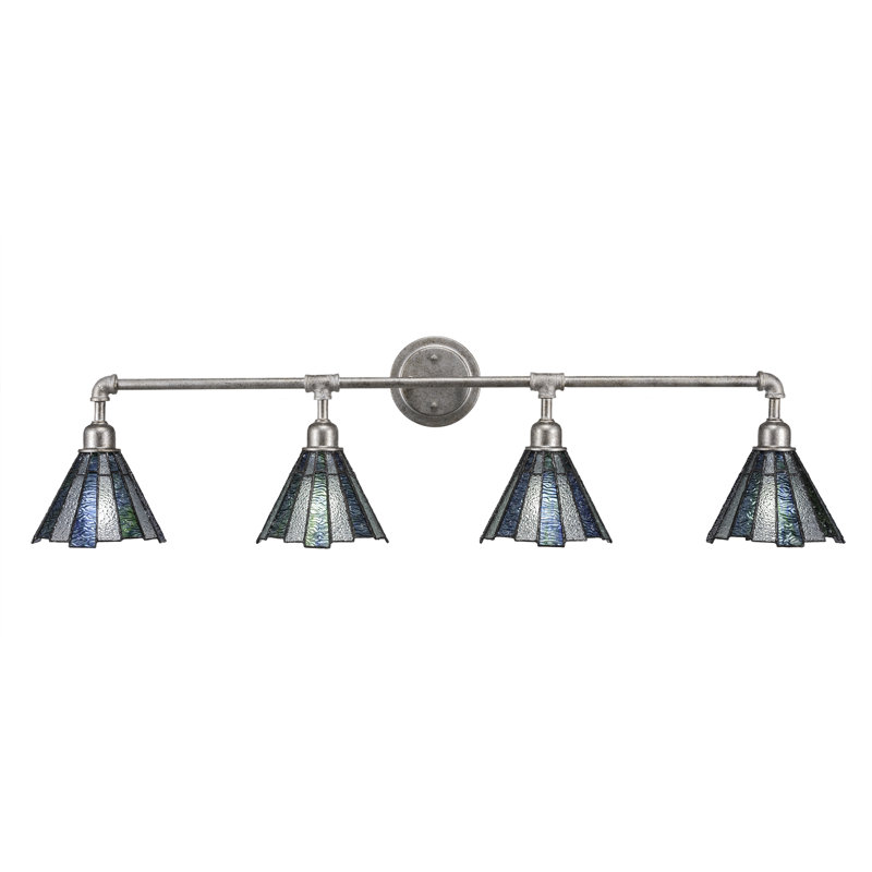 Cranleigh Vintage 4 Light Bath Bar Shown With 7" Sea Ice Art Glass, Aged Silver