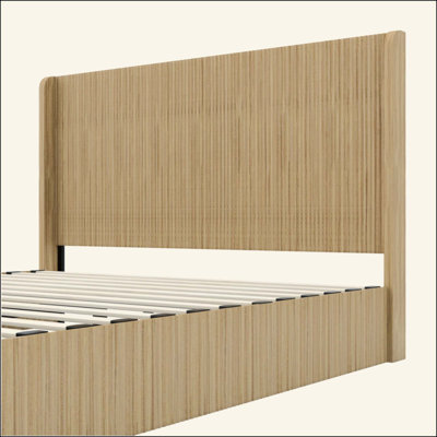 Base de lit en bois cannelé de style Mid-Century, tête de lit haute à oreilles, lit plateforme à profil bas, aucun sommier tapissier requis, assemblage facile pour la chambre à coucher et la chambre d'amis