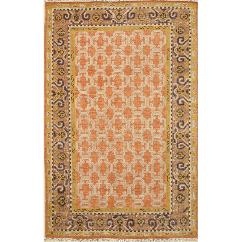 Tapis traditionnel orange en laine noué à la main Daandre, Rectangle 6 pi x 9 pi