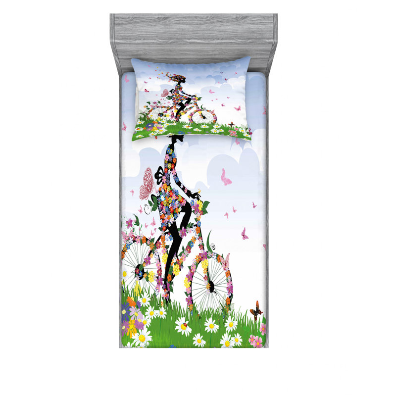 Ensemble de draps à vélo romantique avec fleurs printanières, Ensemble de draps pour lit simple avec drap-housse