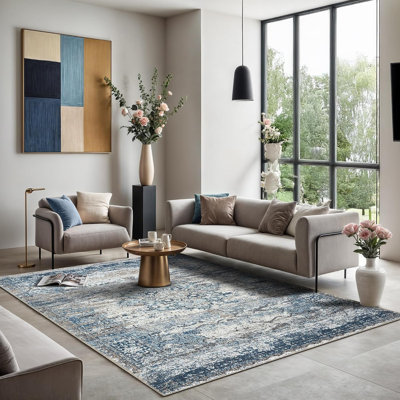 GLN Rugs Vintage Collection - Machine Washable Area Rug, Vintage Washable Rug, Non Slip Area Rug, Low Pile Living Room Rug, Bedroom Rug, Bathroom Rug - Easy Clean (Navy Blue and Gray Rug)