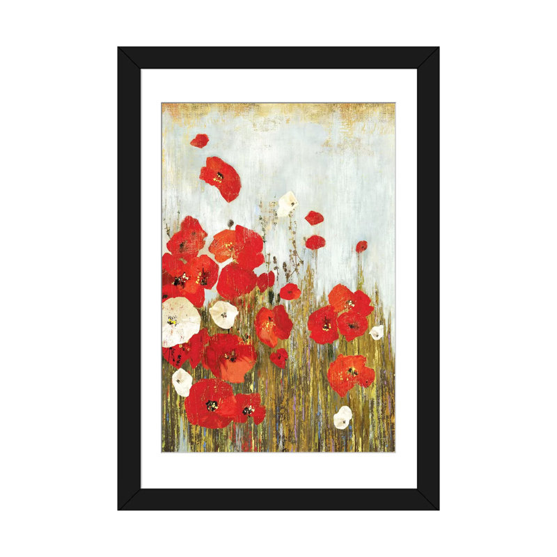 «Poppies in The Wind», reproduction sur toile, H 32 po x l 24 po x P 1 po, Papier d'art encadré noir, Blanc