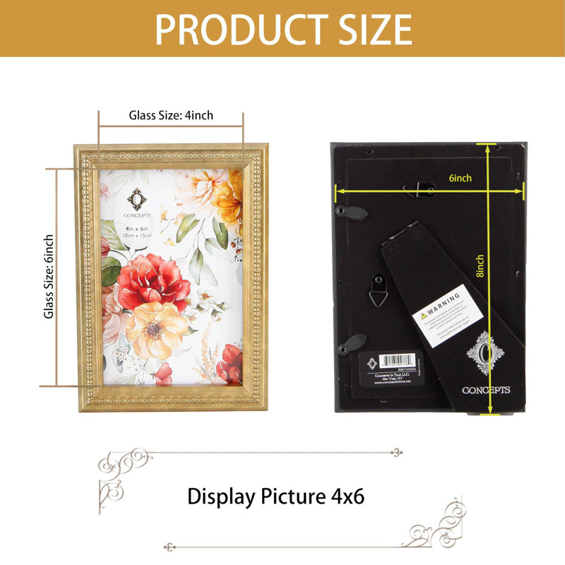 Ensemble de 4 cadres en résine dorée ornée de perles 4 "x 6" avec verre transparent HD, 4 po x 6 po