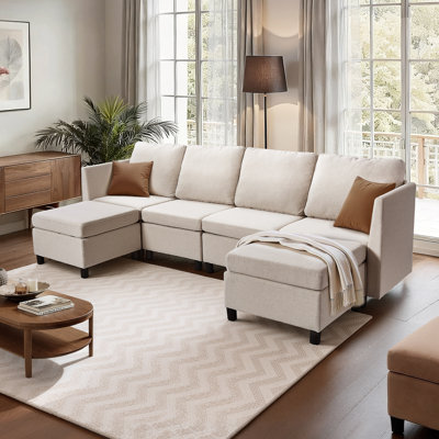 Modular Sectional Sofa, 4-Seater Modular Sofa with Hidden Storage, Cloud Sectional Couch with Ottoman & High Rebound Sponge, Solid Wood Frame Upholstered Couch for Living Room, Bedroom, Beige