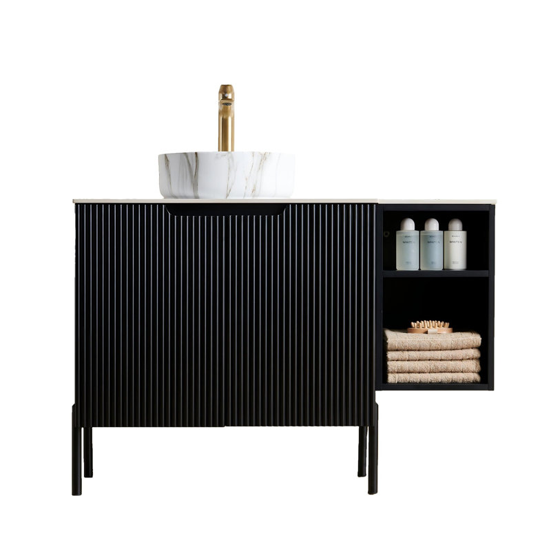 Armoire de rangement murale autoportante et murale pour salle de bain de 42 po avec 2 portes et une tablette ouverte de 12 po TURIO, une cuve ronde en céramique blanche avec motif de pierre et un comptoir blanc de Carrare, sans robinet, de couleur noire