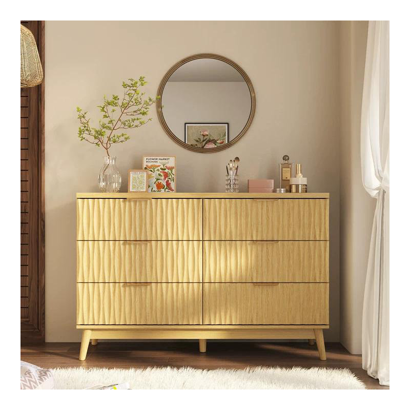 6 - Drawer Double Dresser, 47.2" W Fluted Design Wood Wide Chest Of Drawers, Natural Wood