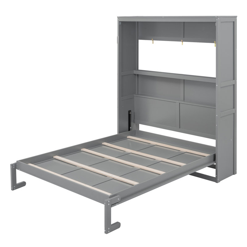 Grand lit escamotable mural avec tablettes, gris, Gray