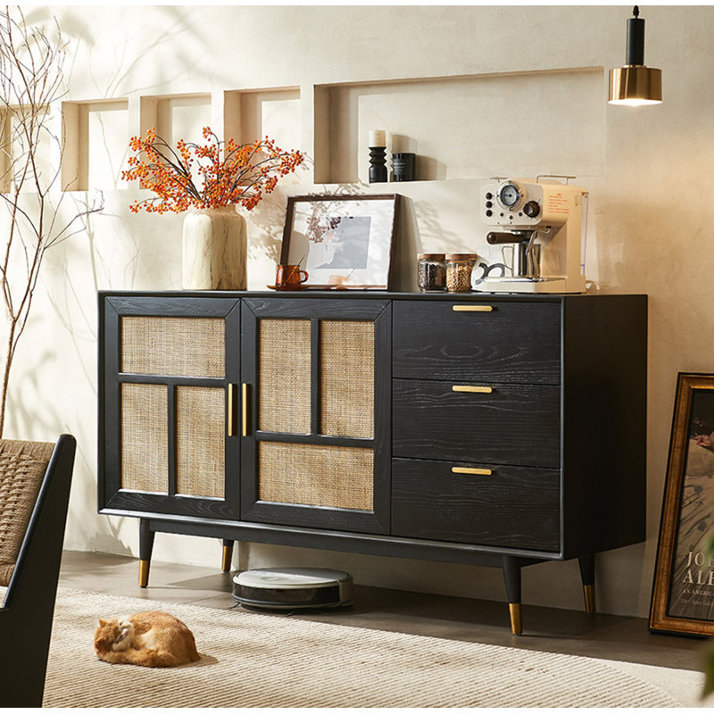 Buffet en bois massif et rotin de style Wabi-sabi