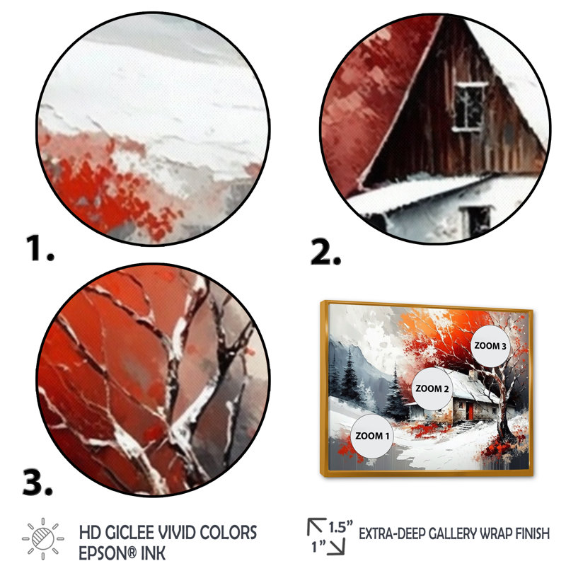 Monochère orange chalet en hiver VII - paysage, art mural sur toile, H 30 po x l 40 po x P 1,5 po, Cadre flottant doré