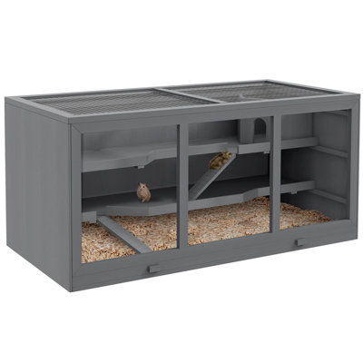 Grande cage à hamster en bois - Habitat spacieux pour petits animaux avec toit relevable, cabane cachette et rampes d'escalade PawHut