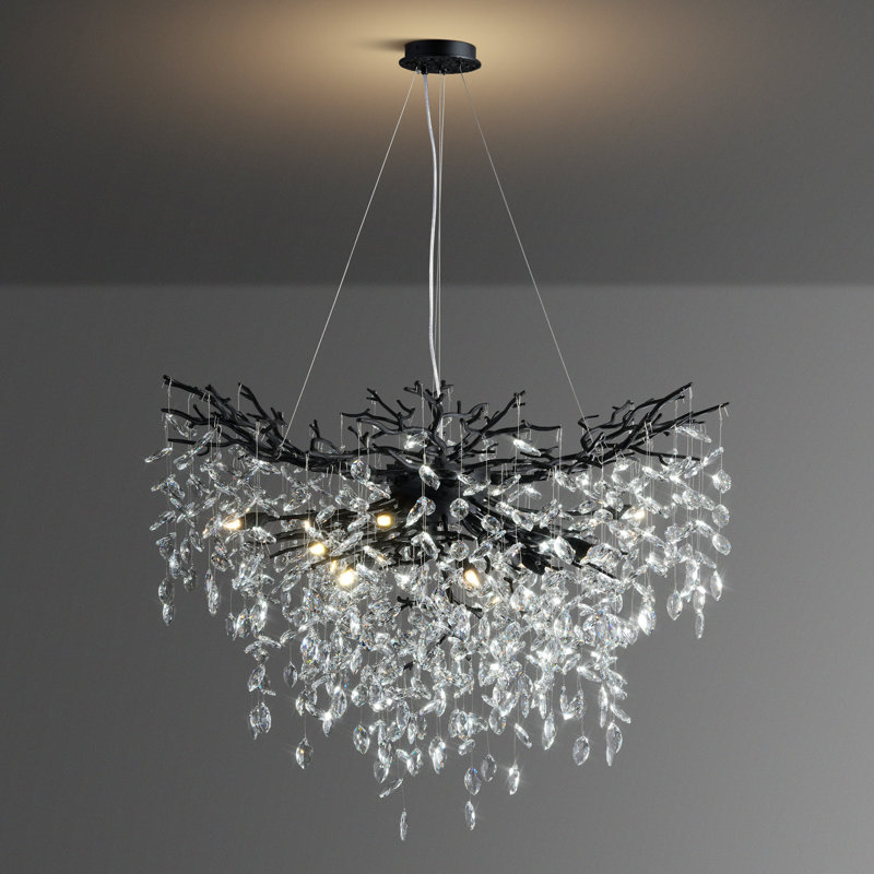 Lustre en cristal 12 lumières Modern, Noir mat, H 27,56 po x l 39,37 po x P 39,37 po