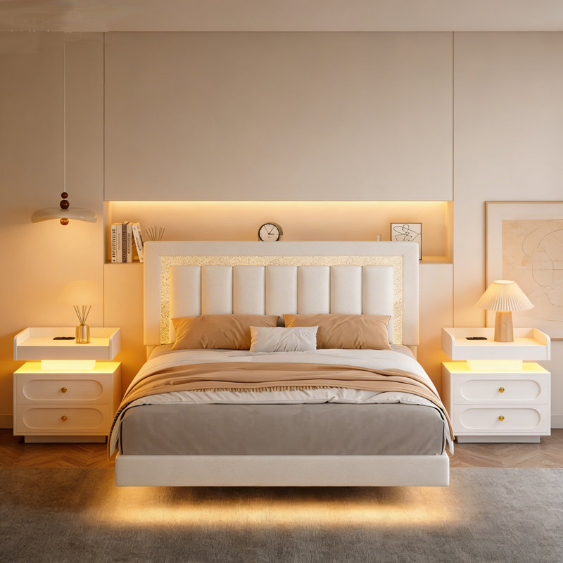 Ensemble de lit plateforme intelligent avec table de chevet moderne à DEL 2 pièces - Ensemble de chambre à coucher lumineuse 3 pièces