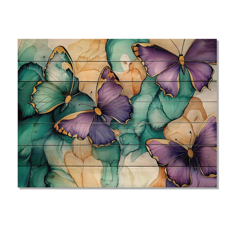 Papillon émeraude et mauve Composition I - Décoration murale moderne en bois sur bois de pin naturel, H 24 po x l 32 po