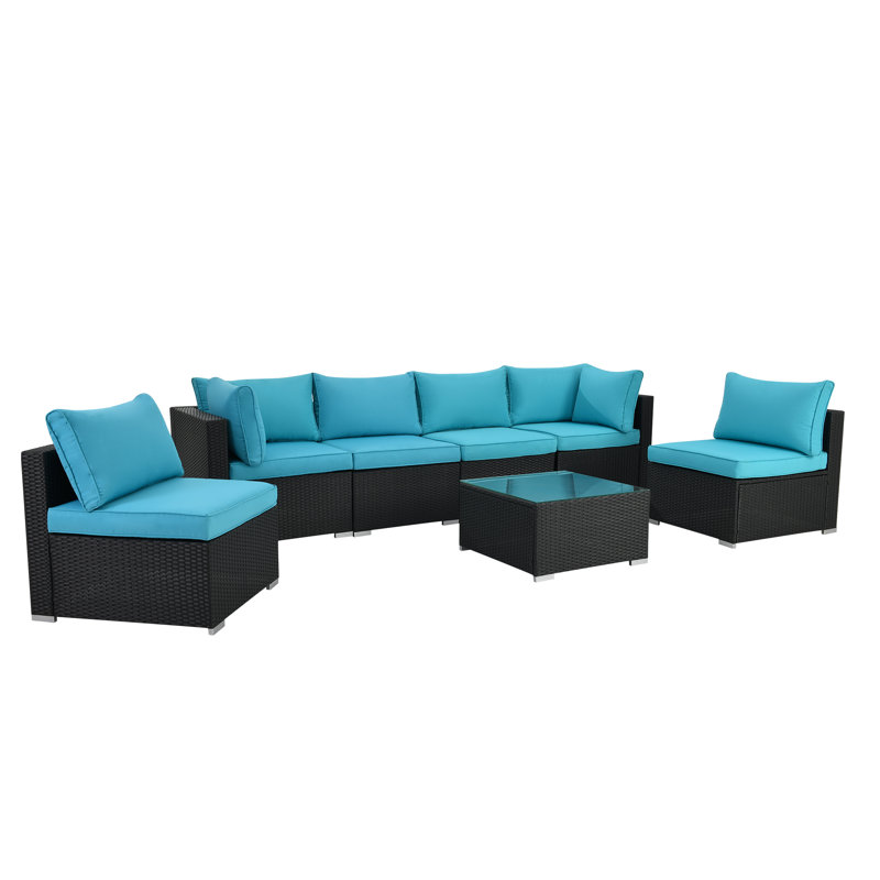 Siardus 110.2'' Wide Reversible Steel Patio Sectional with Cushions, Blue, Black