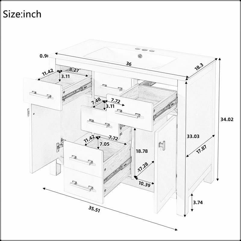 Meuble-lavabo autoportant moderne 36 po avec lavabo en céramique, 4 tiroirs et 2 armoires, structure en bois massif pour un rangement efficace