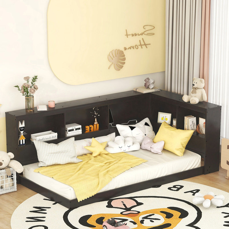 Lit de jour simple en bois avec armoires de rangement et ports USB, Espresso