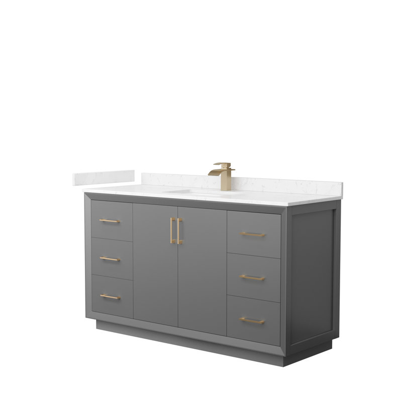 Ensemble de meuble-lavabo simple 60 po Strada, Gris foncé, Bronze satiné, Marbre de culture blanc