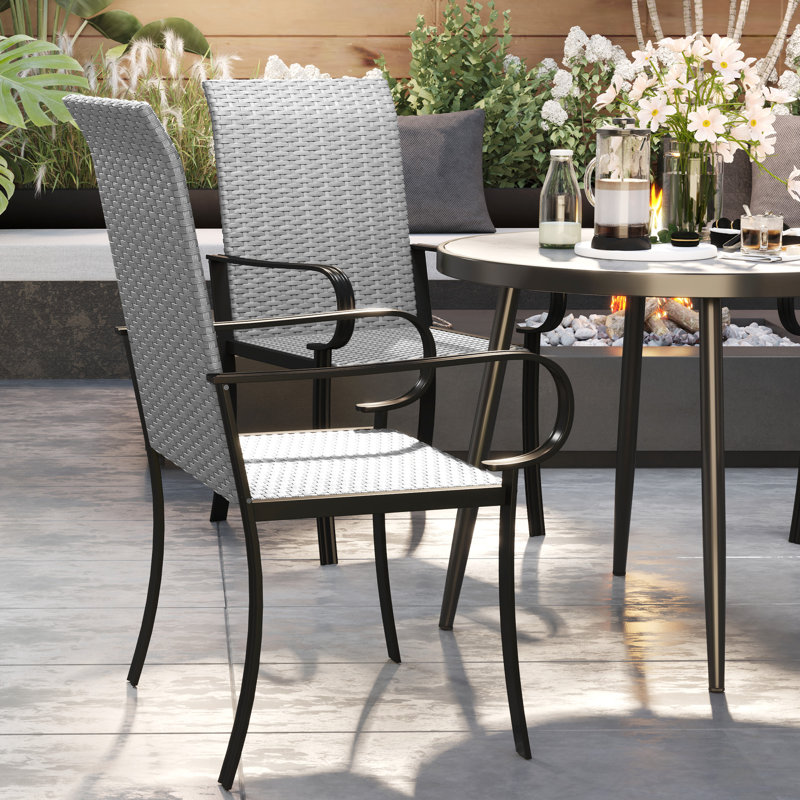 Outsunny Set of 4 Outdoor Wicker Dining Chairs, All-Weather Rattan Armchairs with Armrests, Steel Frame, High Back and Deep Seating, Gray