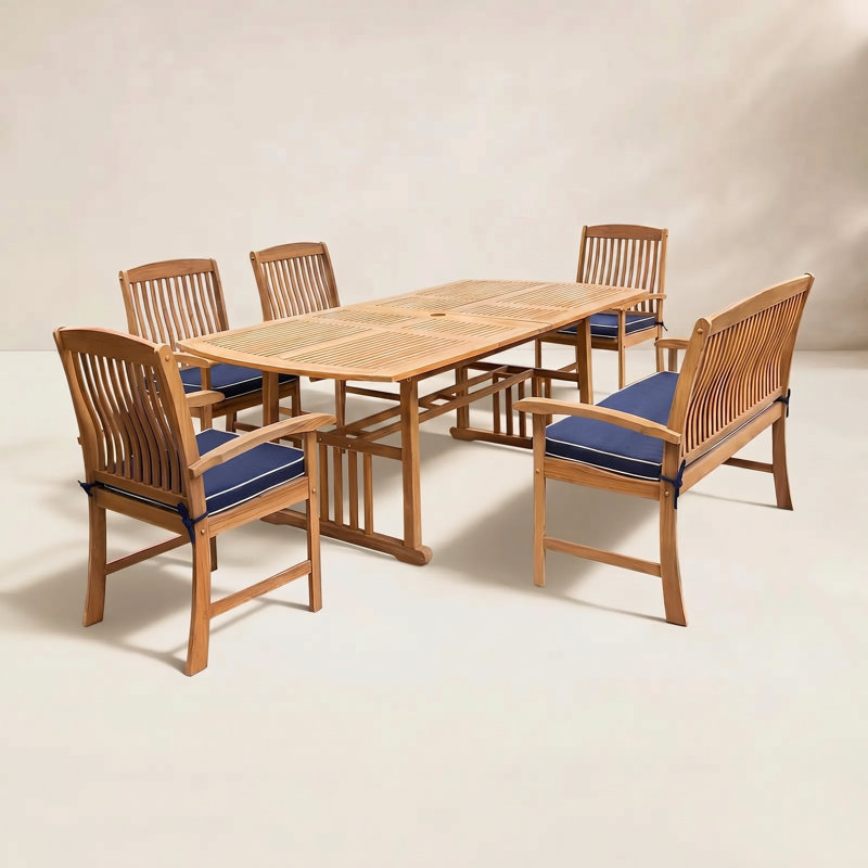 Ensembles de salle à manger de patio en teck pour 6 personnes avec coussin Summerton, Passepoil bleu marine et blanc