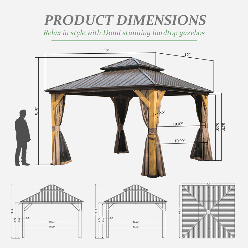 Solid Wood Post Patio Gazebo with Metal Frame, 12 ft x 12 ft