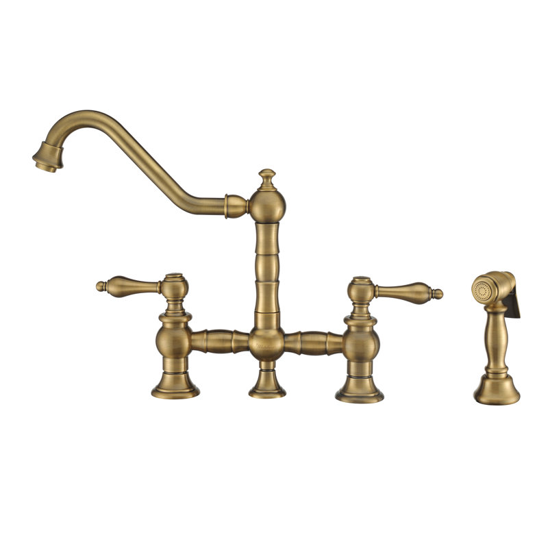 Hailey Vintage III Plus Bridge Faucet with Long Traditional Swivel Spout Lever Handles and Solid Side Spray, Antique Brass
