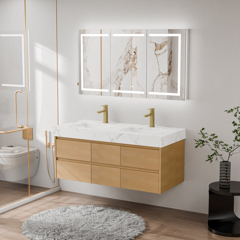 Meuble-lavabo double 48 po avec dessus en pierre, lumière DEL et 6 tiroirs à fermeture douce, finition érable