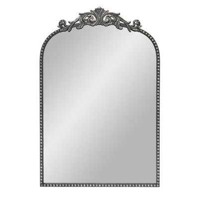 Miroir mural arqué 20 po x 30 po avec écusson en filigrane orné et cadre perlé, miroir de meuble-lavabo argenté antique, miroir de cheminée et commode inclinée pour chambre à coucher, vestiaire, entrée, salle d'eau et couloir