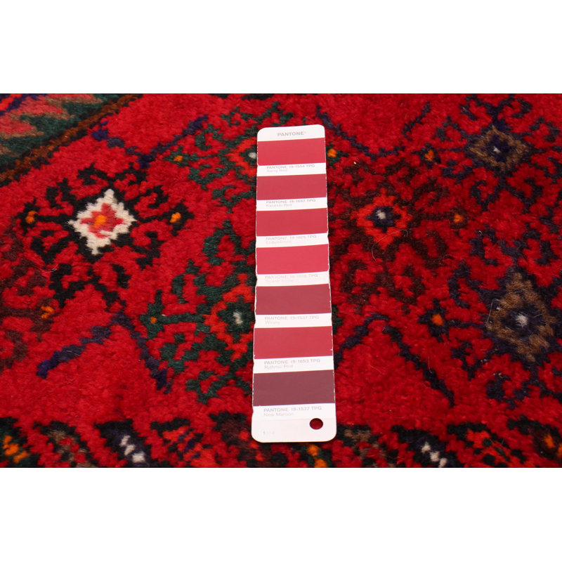 Tapis rouge en laine noué à la main de conception unique 4 pi 2 po x 6 pi 8 po Moana